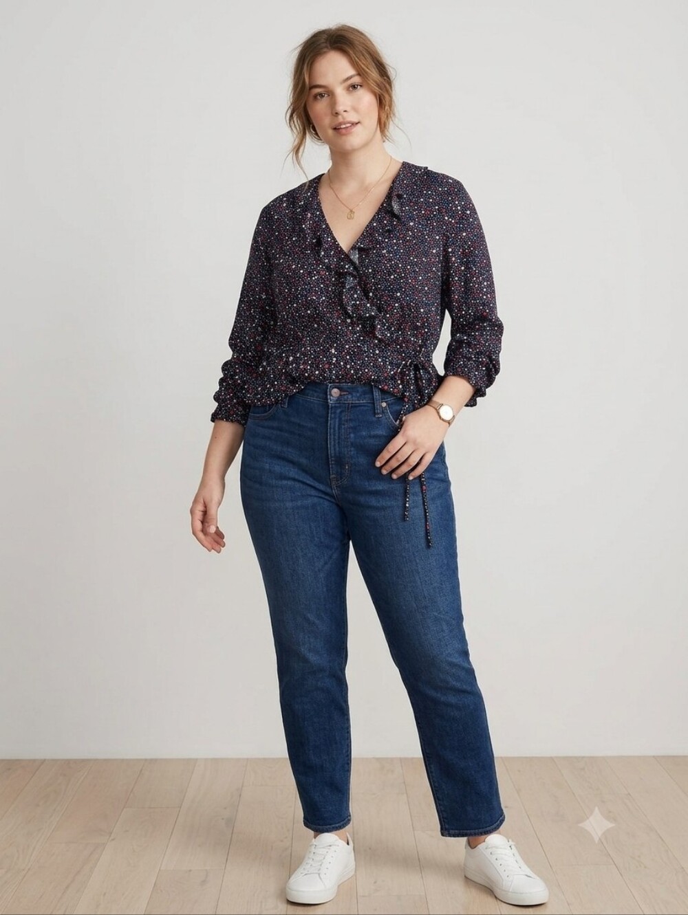 Madewell Navy Star-Print Ruffle Wrap Blouse